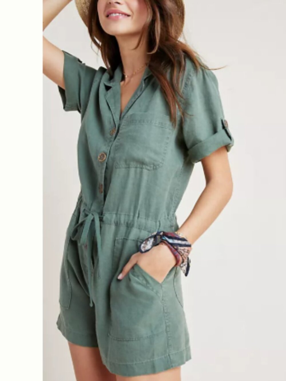 ANTHROPOLOGIE Sanctuary Linen Utility Romper BOHO Green Sz S